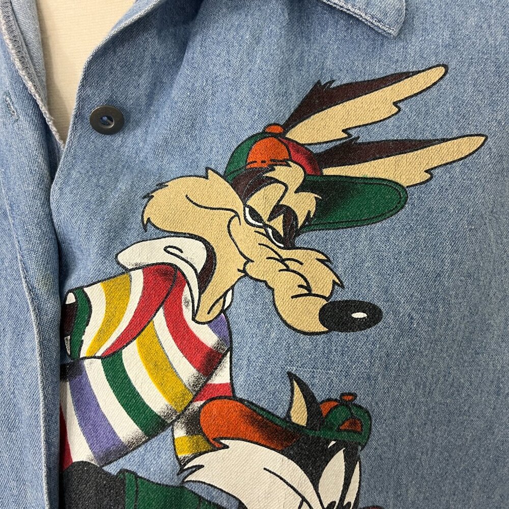 Vintage 90s Large Blue Looney Tunes Button Down Sleeveless Collared Vest - Picture 7 of 12